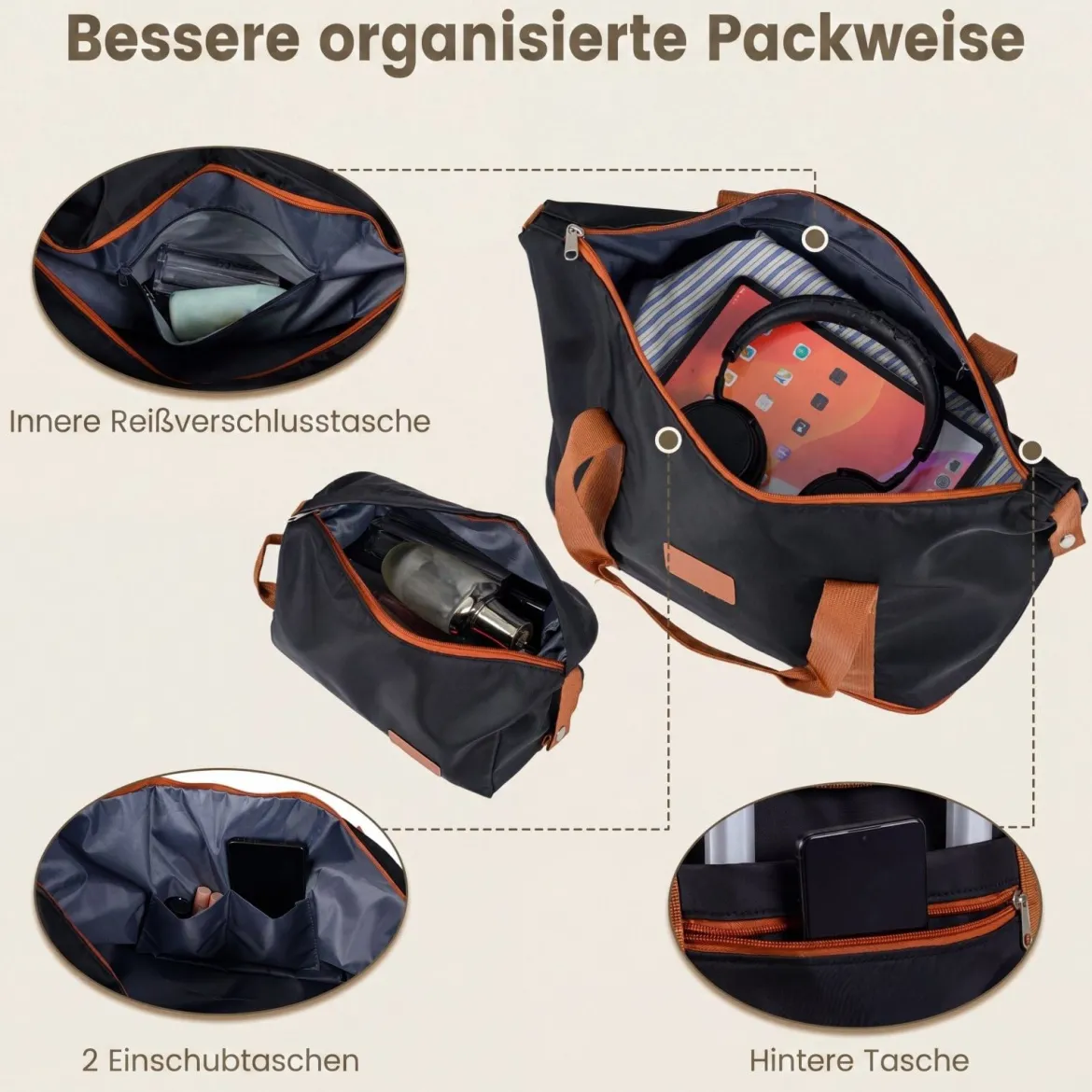 Koffer Set 5 Teilig Erweitbarer Hartschale Reisekoffer mit 1 Reisetasche & 1 Kulturbeutel Schwarz/Beige