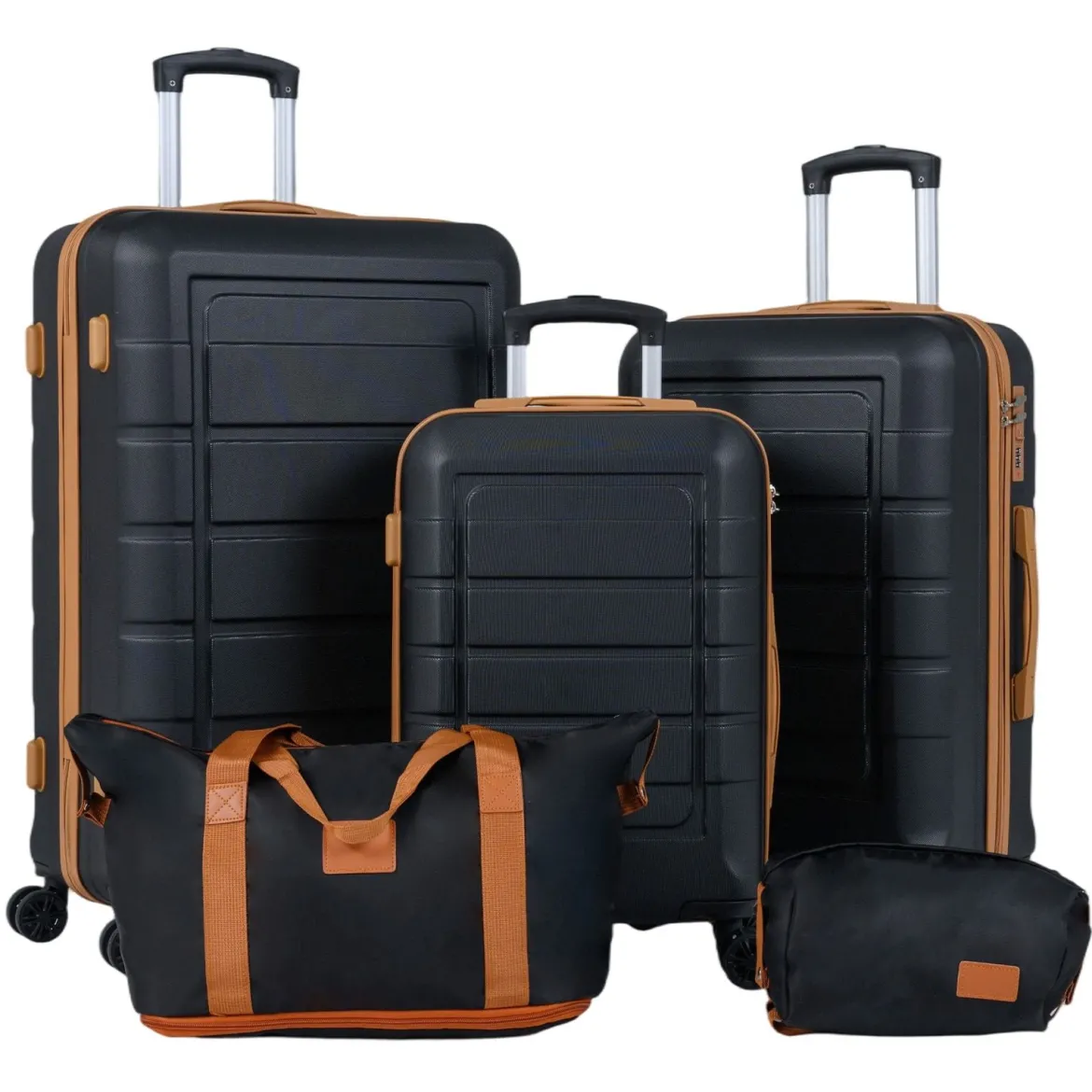 Koffer Set 5 Teilig Erweitbarer Hartschale Reisekoffer mit 1 Reisetasche & 1 Kulturbeutel Schwarz/Beige