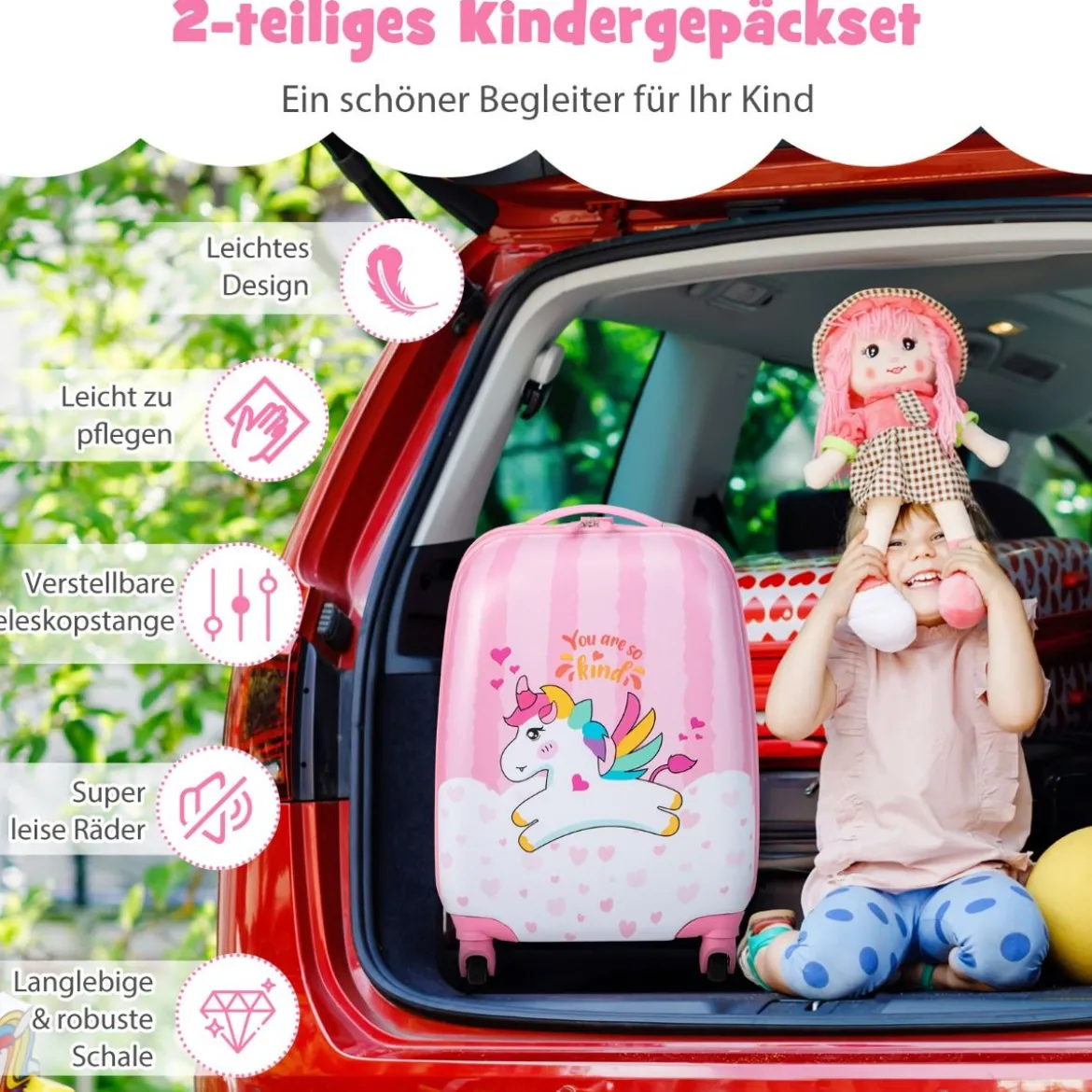 Kofferset 2 tlg Einhorn 16'' Kinderkoffer + 12'' Rucksack Rosa