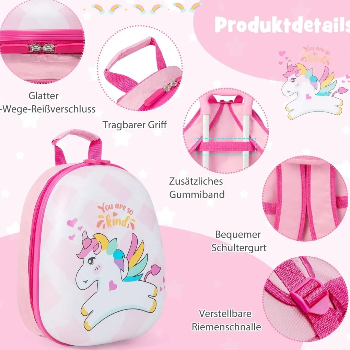 Kofferset 2 tlg Einhorn 16'' Kinderkoffer + 12'' Rucksack Rosa