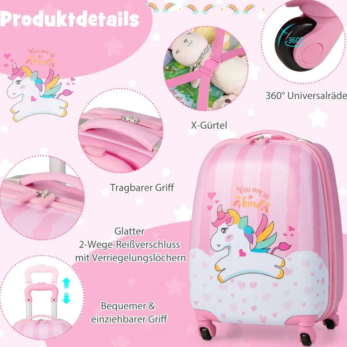 Kofferset 2 tlg Einhorn 16'' Kinderkoffer + 12'' Rucksack Rosa