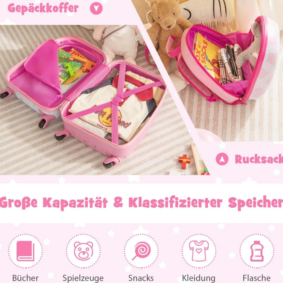 Kofferset 2 tlg Einhorn 16'' Kinderkoffer + 12'' Rucksack Rosa