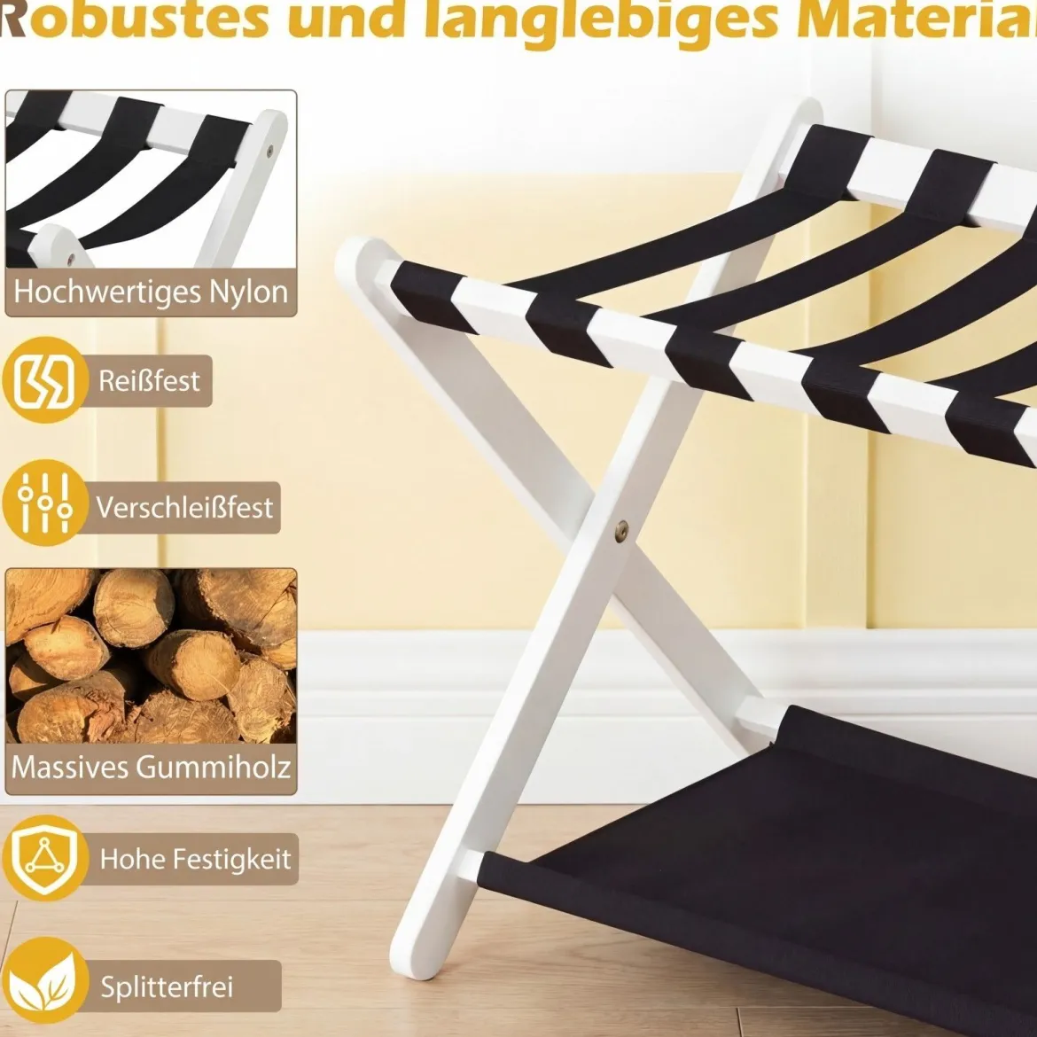 Kofferständer Klappbar Gepäckständer aus Gummibaumholz mit 2 Ablagen 67 x 46 x 52 cm Weiß