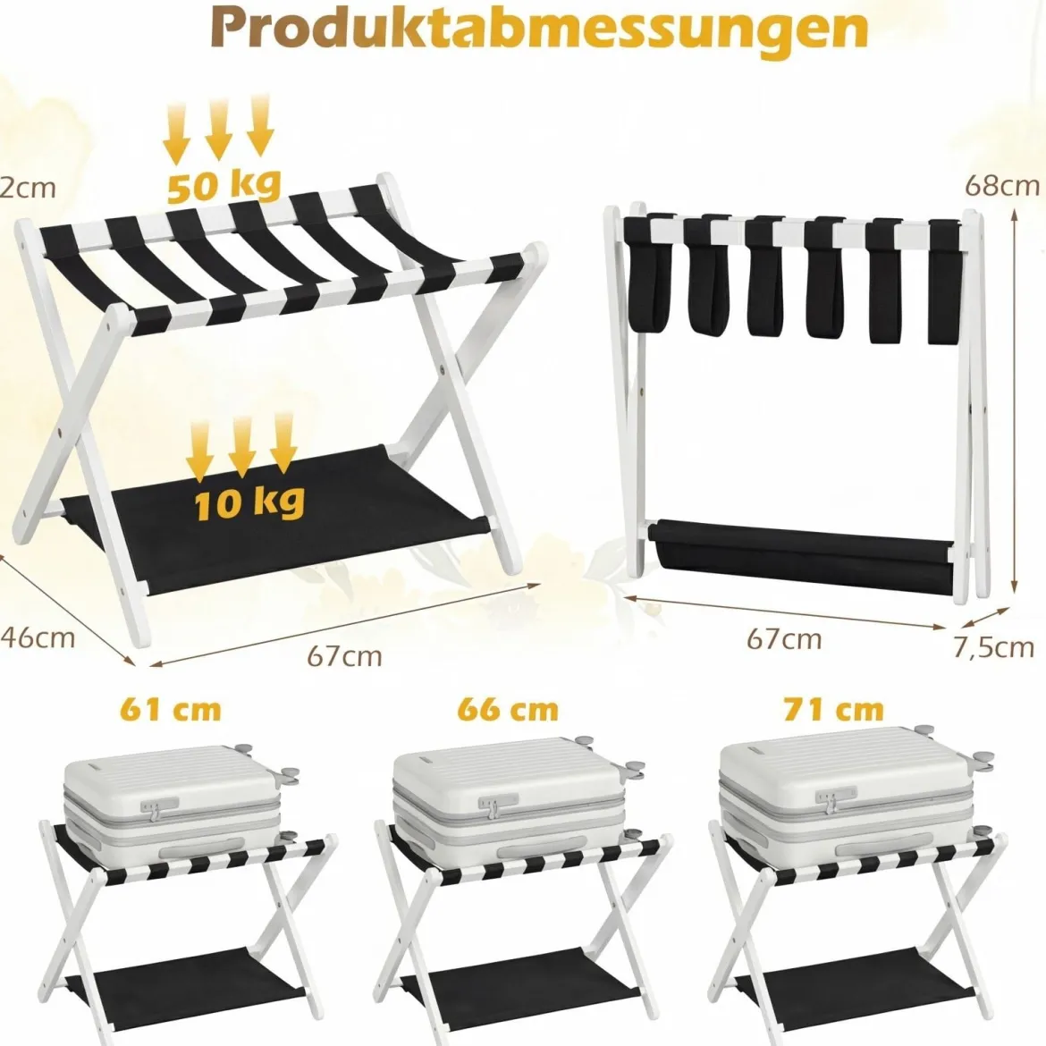 Kofferständer Klappbar Gepäckständer aus Gummibaumholz mit 2 Ablagen 67 x 46 x 52 cm Weiß