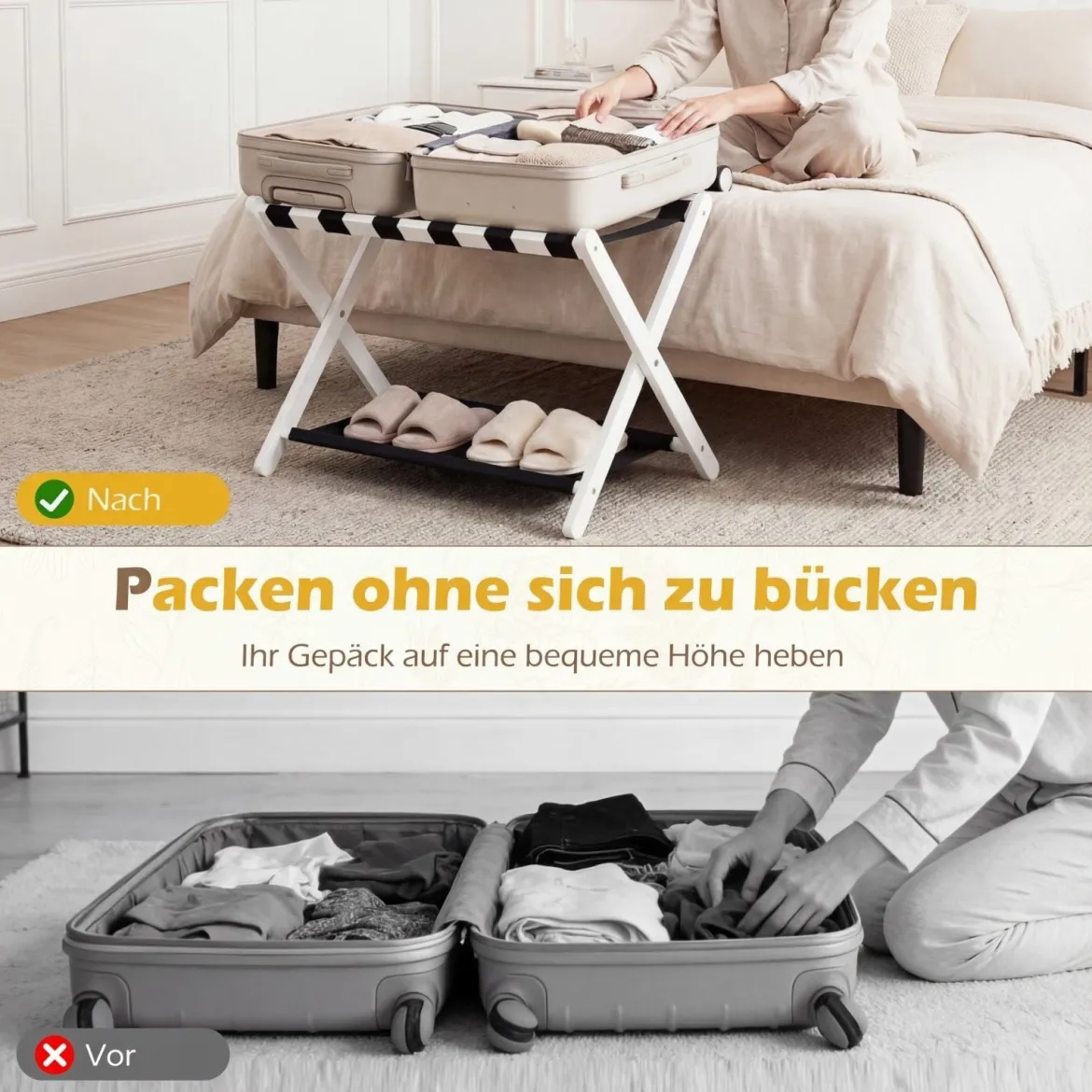 Kofferständer Klappbar Gepäckständer aus Gummibaumholz mit 2 Ablagen 67 x 46 x 52 cm Weiß