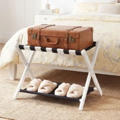 Kofferständer Klappbar Gepäckständer aus Gummibaumholz mit 2 Ablagen 67 x 46 x 52 cm Weiß