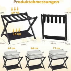 Kofferständer Klappbar Gepäckständer aus Gummibaumholz mit 2 Ablagen 67 x 46 x 52 cm Schwarz