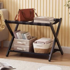 Kofferständer Klappbar Gepäckständer aus Gummibaumholz mit 2 Ablagen 67 x 46 x 52 cm Schwarz