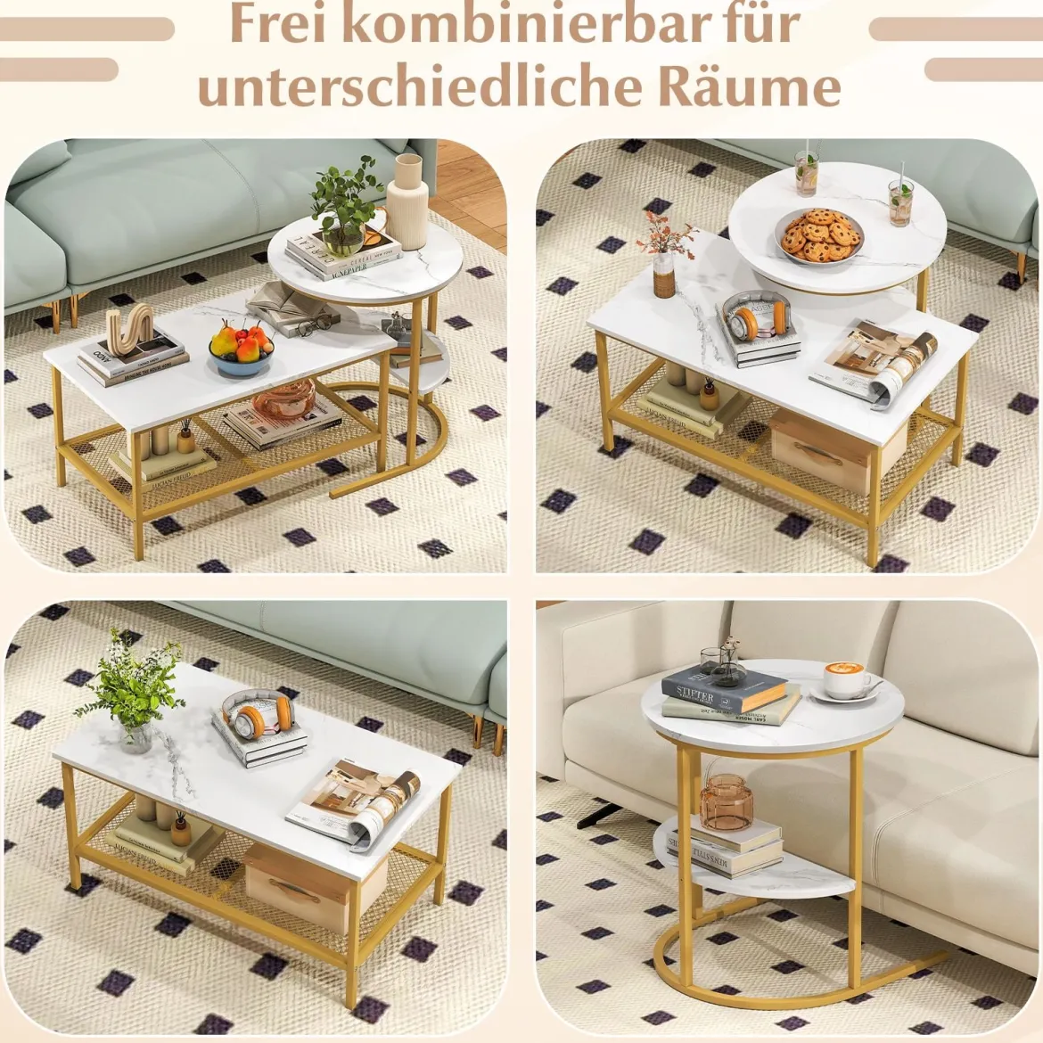 Kombinierbare Couchtische 2-teiliges Kaffeetisch-Set mit Kunstmarmorplatte Weiß