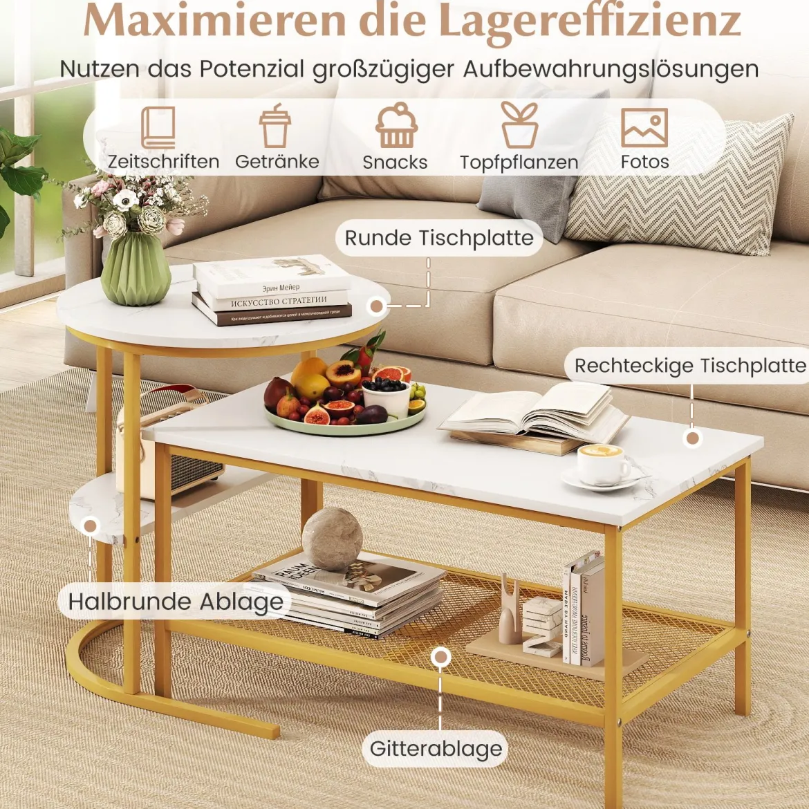 Kombinierbare Couchtische 2-teiliges Kaffeetisch-Set mit Kunstmarmorplatte Weiß