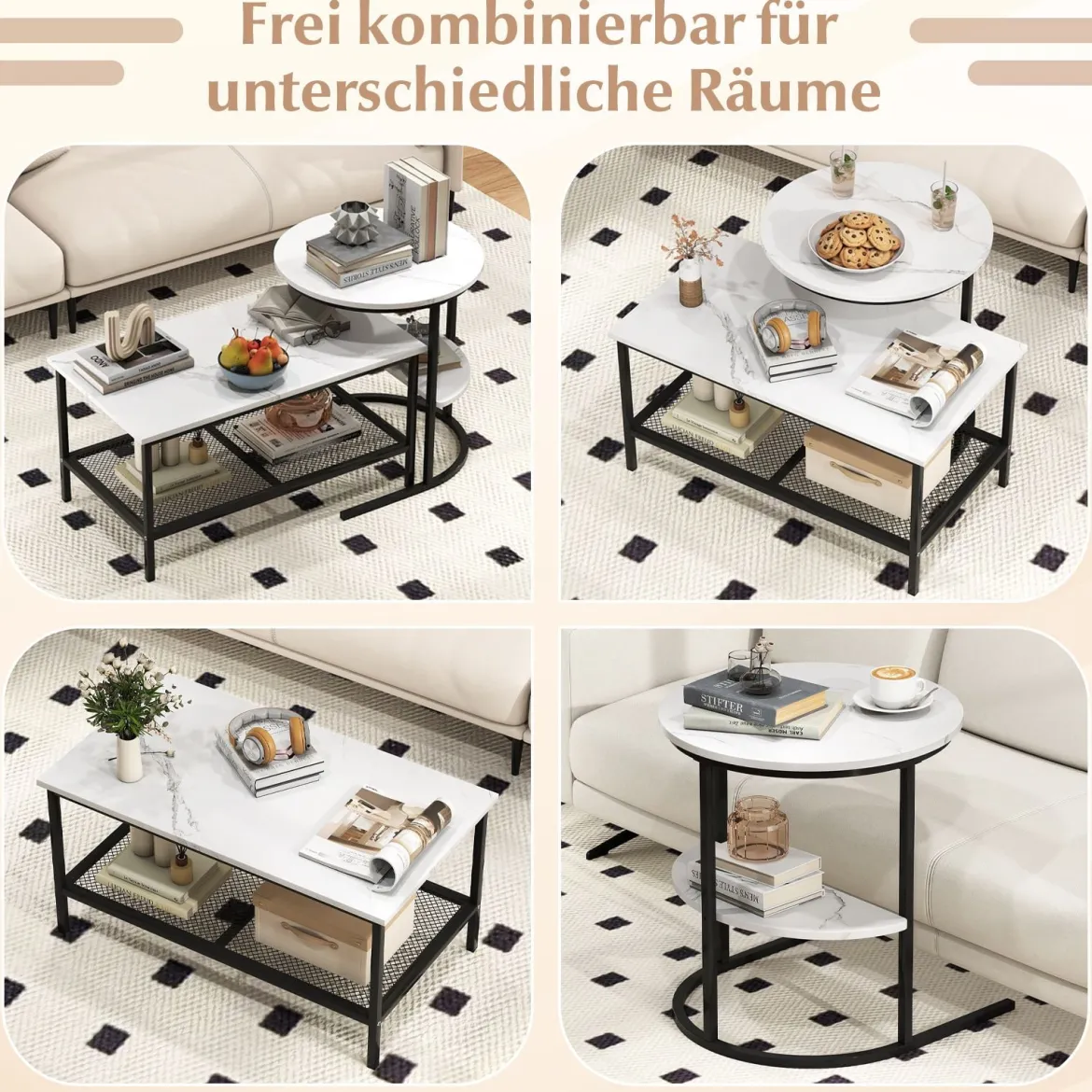 Kombinierbare Couchtische 2-teiliges Kaffeetisch-Set mit Kunstmarmorplatte Schwarz