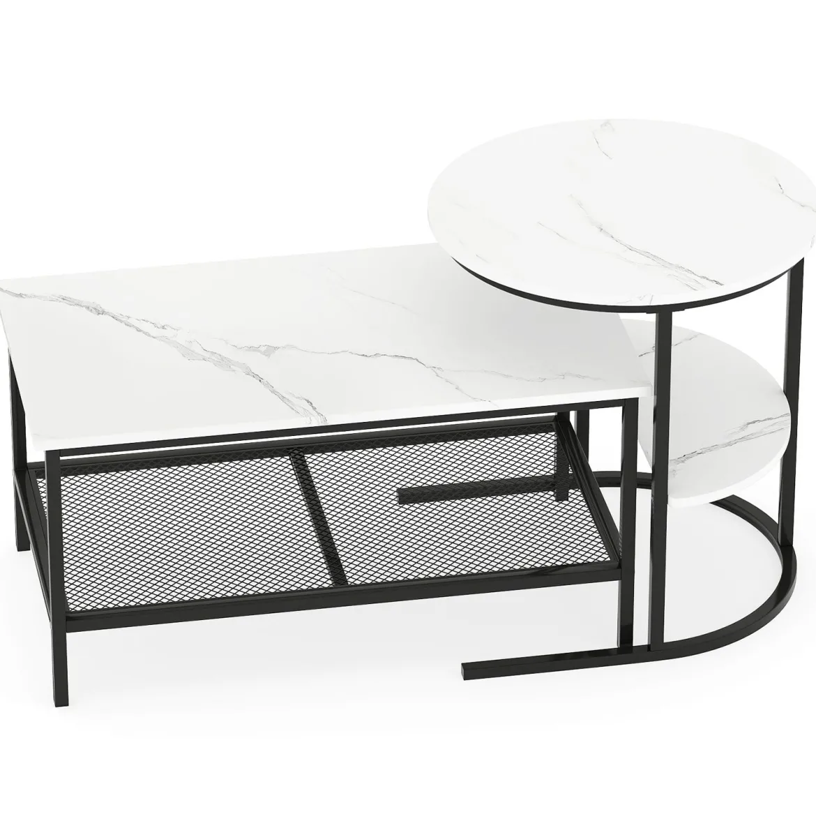 Kombinierbare Couchtische 2-teiliges Kaffeetisch-Set mit Kunstmarmorplatte Schwarz