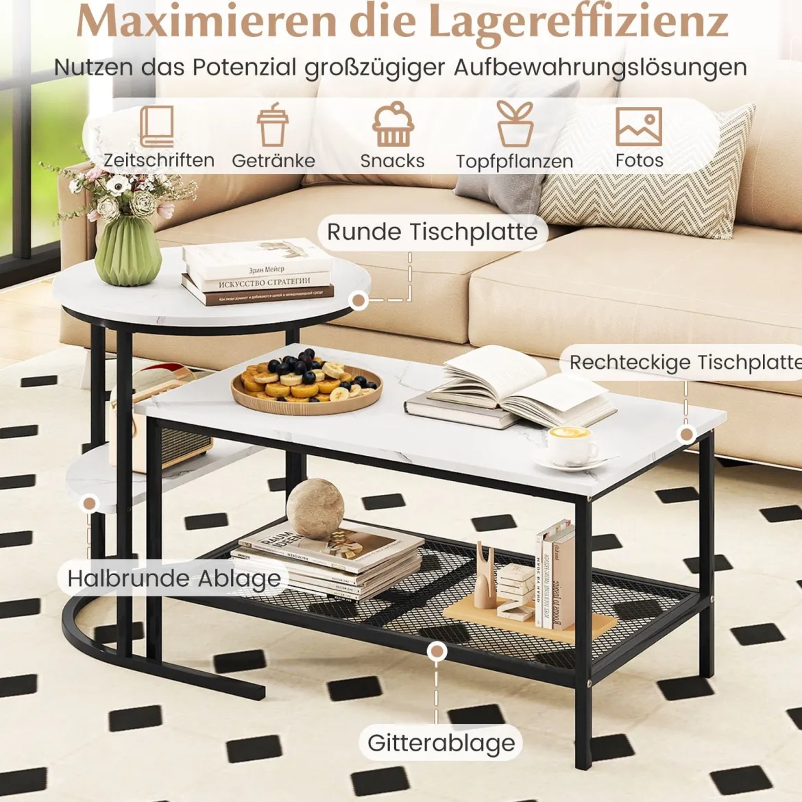 Kombinierbare Couchtische 2-teiliges Kaffeetisch-Set mit Kunstmarmorplatte Schwarz
