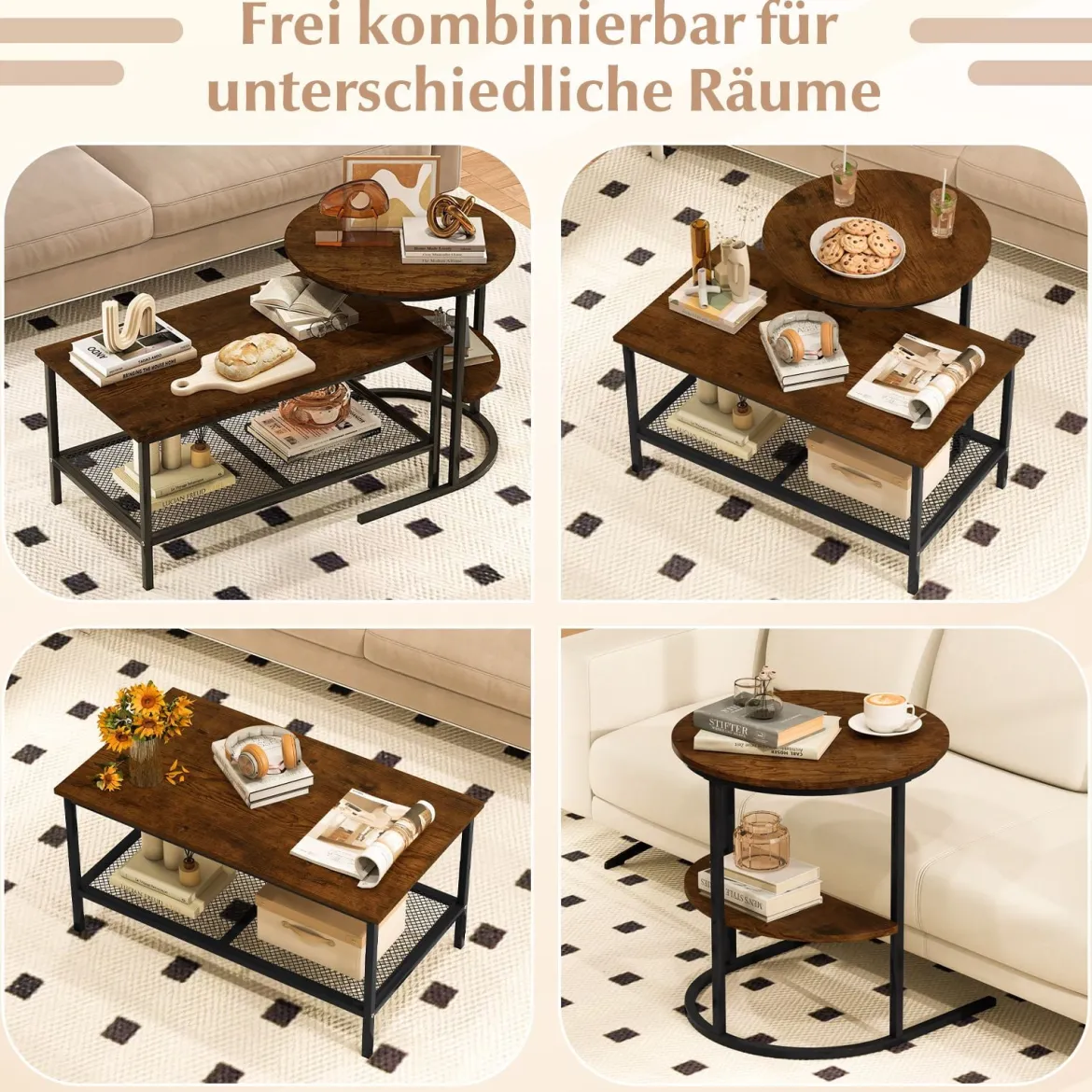 Kombinierbare Couchtische 2-teiliges Kaffeetisch-Set mit Kunstmarmorplatte Braun