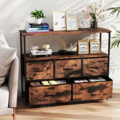 Kommode breiter Schrank mit 2 offenen Holzregalen 5 Schubladen & robustem Metallrahmen Rustikales Braun