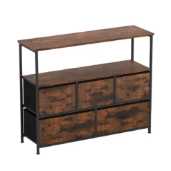 Kommode breiter Schrank mit 2 offenen Holzregalen 5 Schubladen & robustem Metallrahmen Rustikales Braun