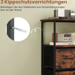 Kommode breiter Schrank mit 2 offenen Holzregalen 5 Schubladen & robustem Metallrahmen Rustikales Braun