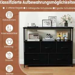 Kommode breiter Schrank mit 2 offenen Holzregalen 5 Schubladen & robustem Metallrahmen Schwarz