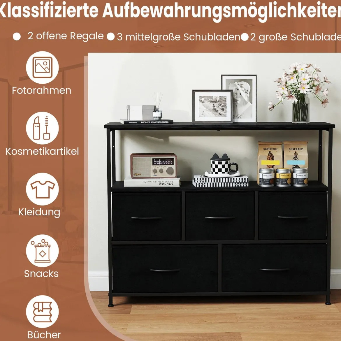 Kommode breiter Schrank mit 2 offenen Holzregalen 5 Schubladen & robustem Metallrahmen Schwarz