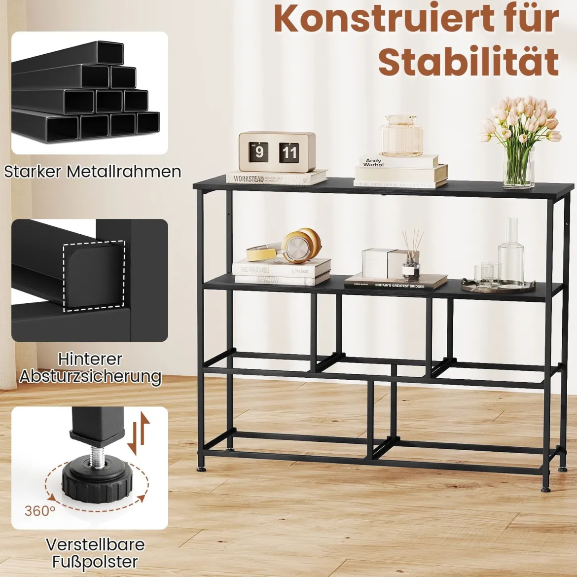 Kommode breiter Schrank mit 2 offenen Holzregalen 5 Schubladen & robustem Metallrahmen Schwarz