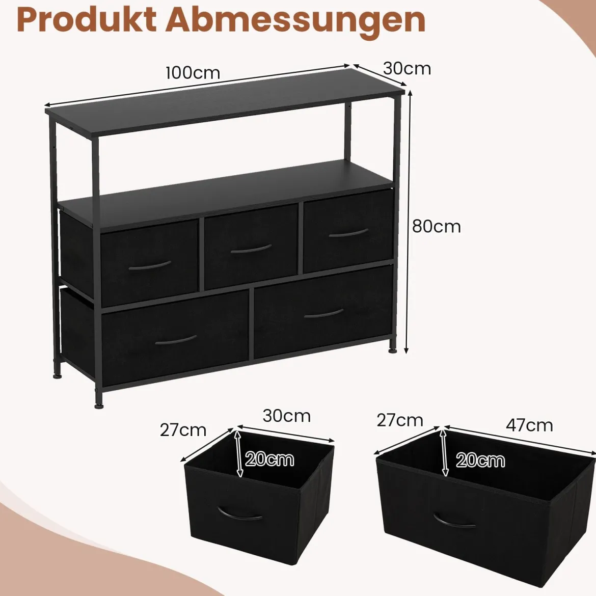 Kommode breiter Schrank mit 2 offenen Holzregalen 5 Schubladen & robustem Metallrahmen Schwarz