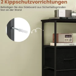 Kommode breiter Schrank mit 2 offenen Holzregalen 5 Schubladen & robustem Metallrahmen Schwarz