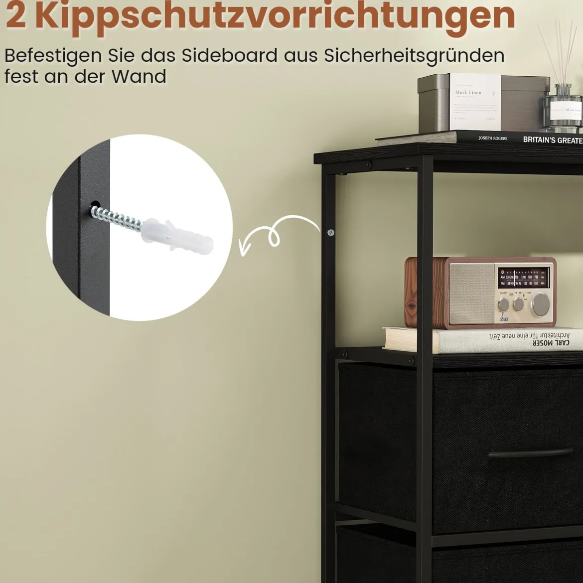 Kommode breiter Schrank mit 2 offenen Holzregalen 5 Schubladen & robustem Metallrahmen Schwarz