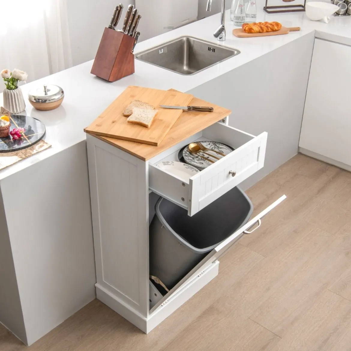 Kommode für 40 L Mülleimer Küchenschrank mit Großer Arbeitplatte 52 x 33 x 90 cm Weiß