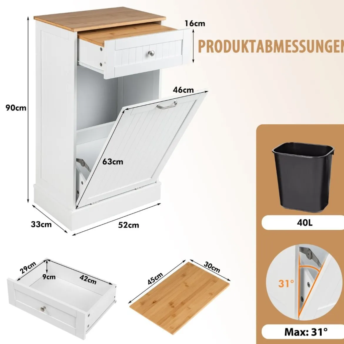 Kommode für 40 L Mülleimer Küchenschrank mit Großer Arbeitplatte 52 x 33 x 90 cm Weiß