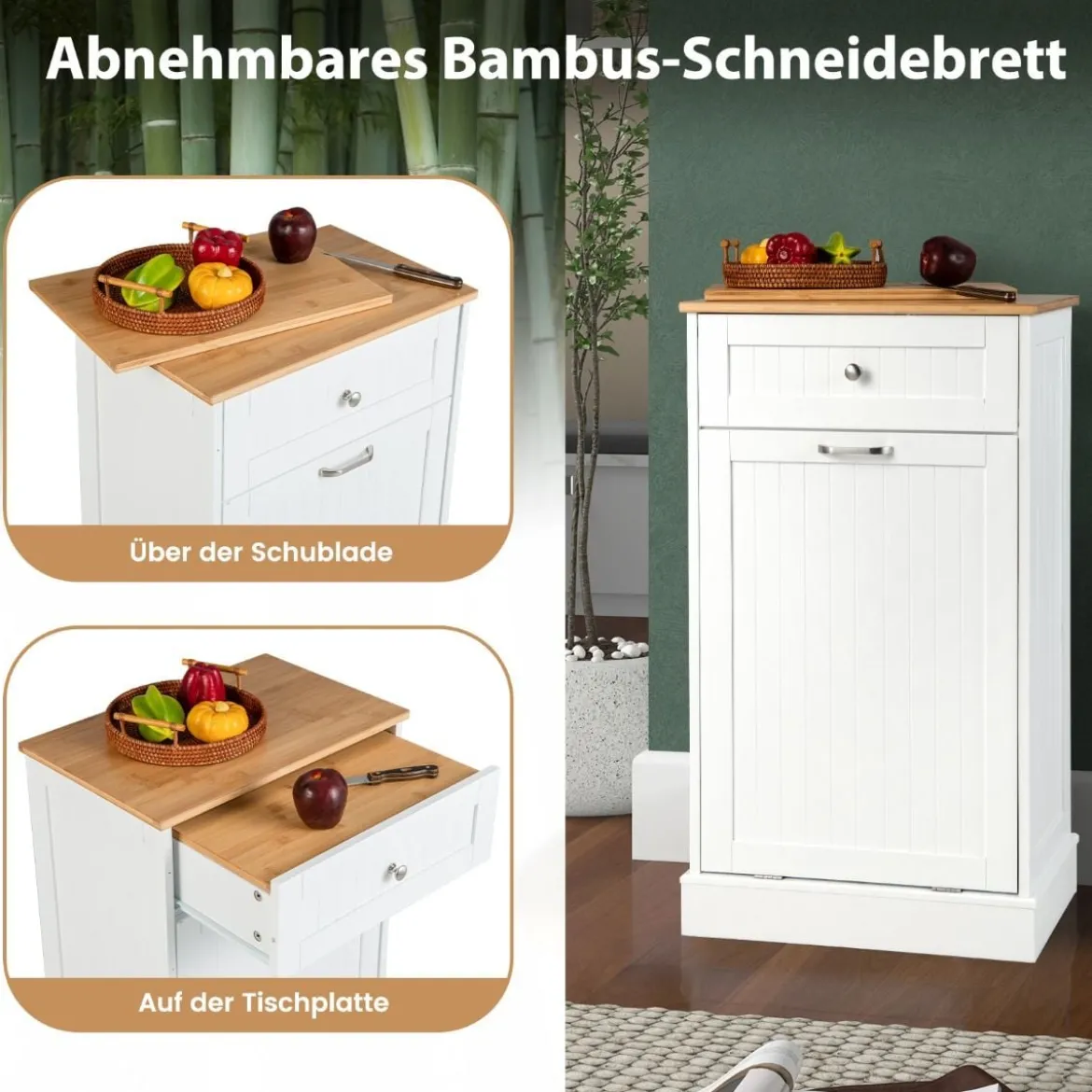 Kommode für 40 L Mülleimer Küchenschrank mit Großer Arbeitplatte 52 x 33 x 90 cm Weiß