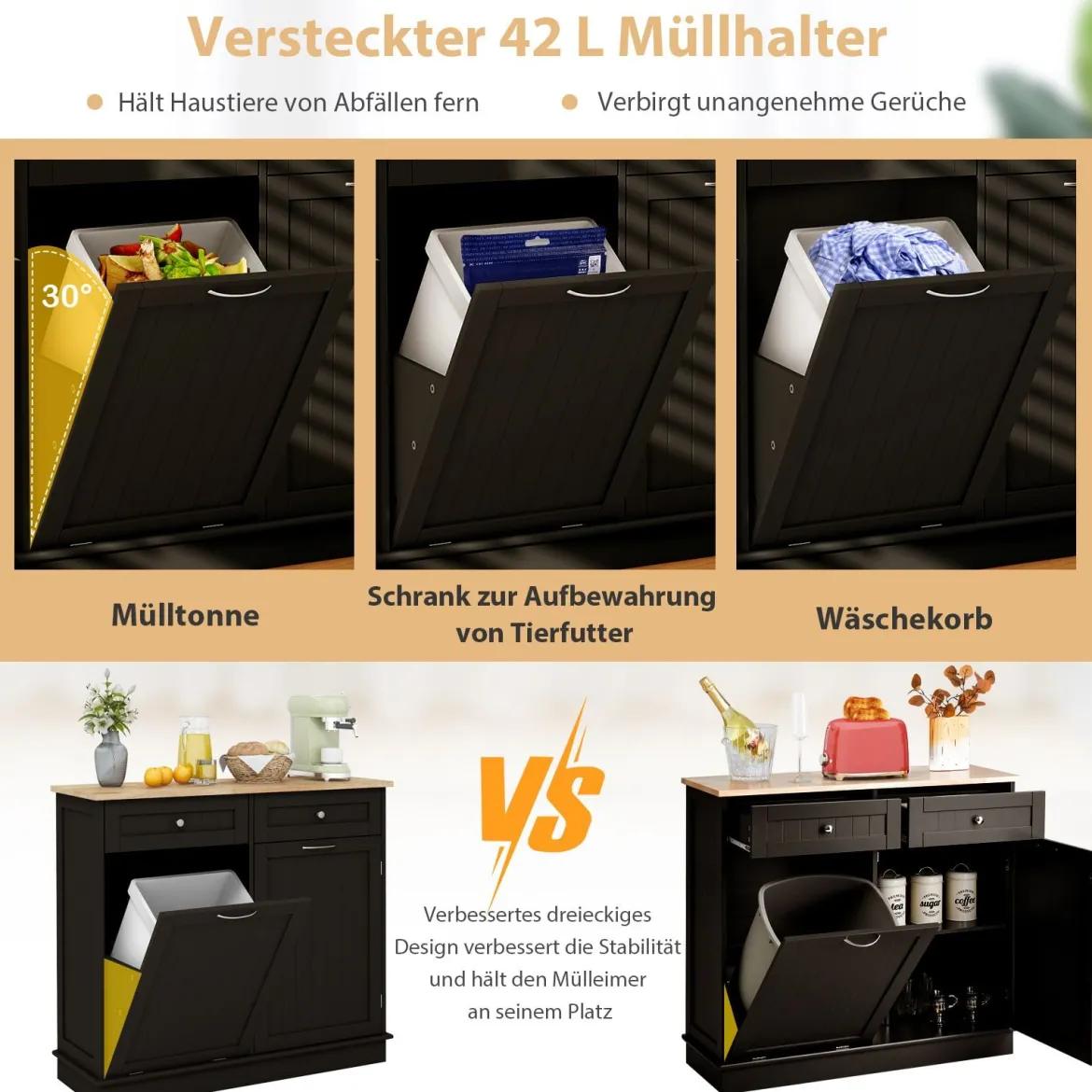 Kommode für 42L Mülleimer mit Arbeitplatte & 2 Schubladen & Verstellbarem Regal Küchenschrank