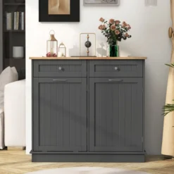 Kommode für 42L Mülleimer mit Arbeitplatte & 2 Schubladen & Verstellbarem Regal Küchenschrank