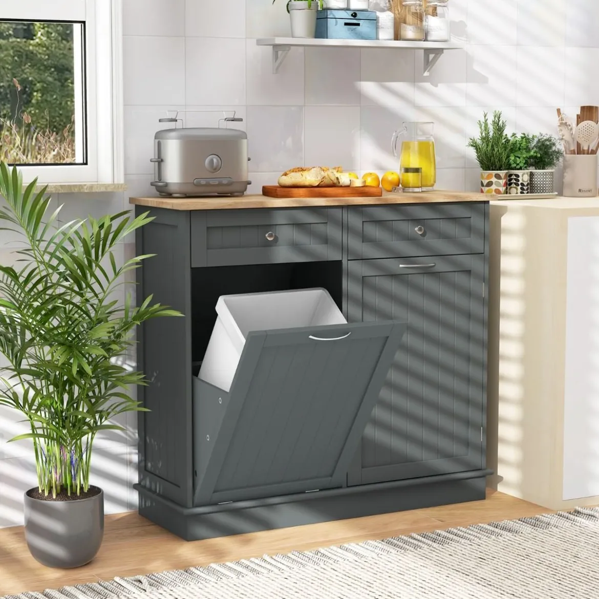 Kommode für 42L Mülleimer mit Arbeitplatte & 2 Schubladen & Verstellbarem Regal Küchenschrank