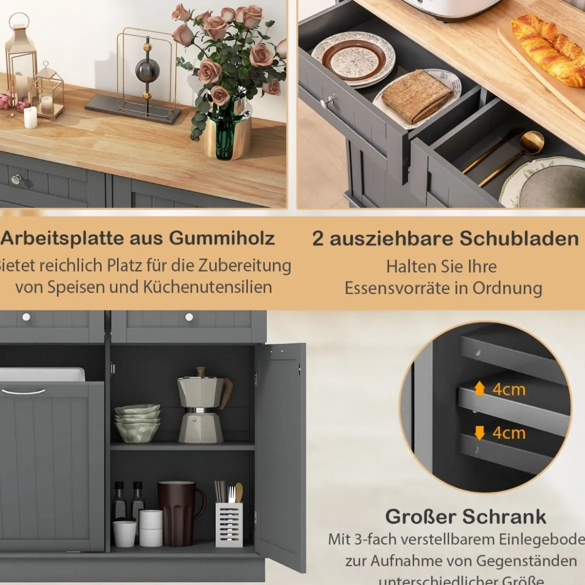 Kommode für 42L Mülleimer mit Arbeitplatte & 2 Schubladen & Verstellbarem Regal Küchenschrank