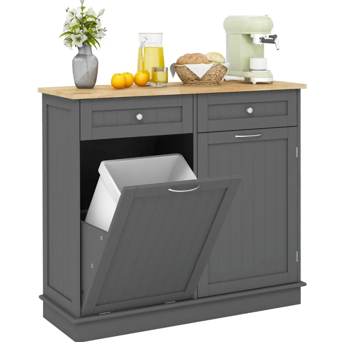 Kommode für 42L Mülleimer mit Arbeitplatte & 2 Schubladen & Verstellbarem Regal Küchenschrank
