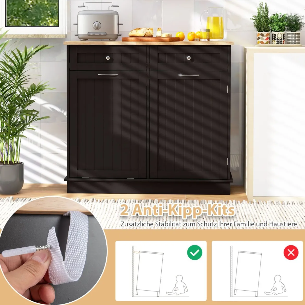 Kommode für 42L Mülleimer mit Arbeitplatte & 2 Schubladen & Verstellbarem Regal Küchenschrank