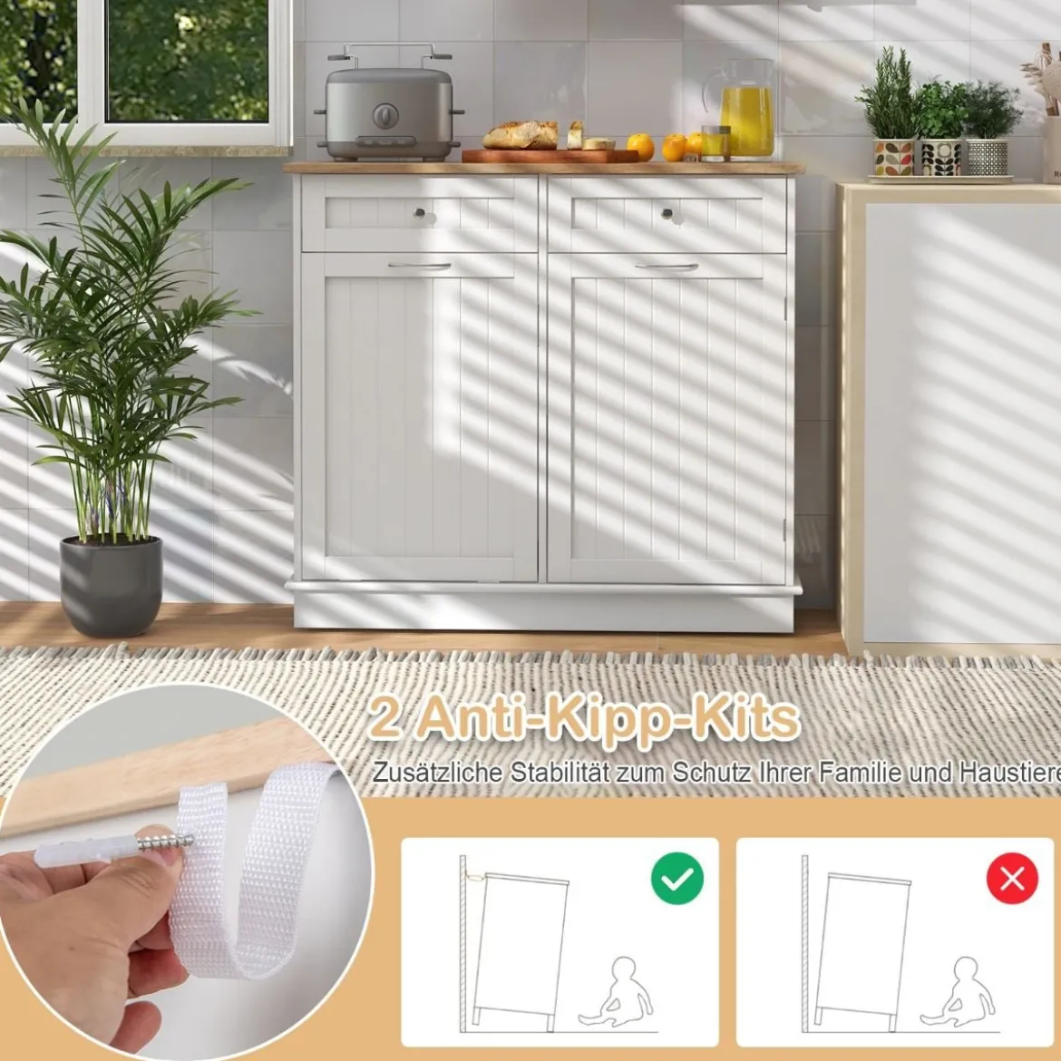 Kommode für 42L Mülleimer mit Arbeitplatte & 2 Schubladen & Verstellbarem Regal Küchenschrank