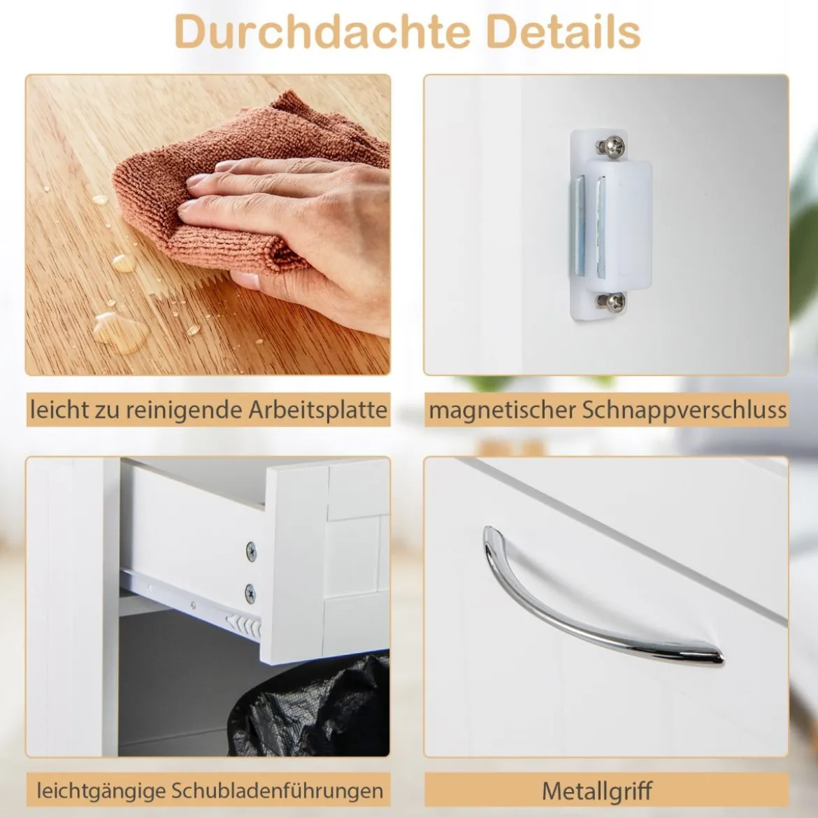 Kommode für 42L Mülleimer mit Arbeitplatte & 2 Schubladen & Verstellbarem Regal Küchenschrank