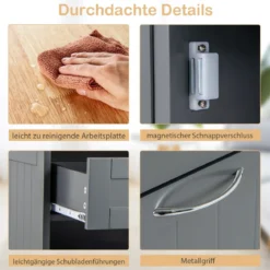 Kommode für 42L Mülleimer mit Arbeitplatte & 2 Schubladen & Verstellbarem Regal Küchenschrank