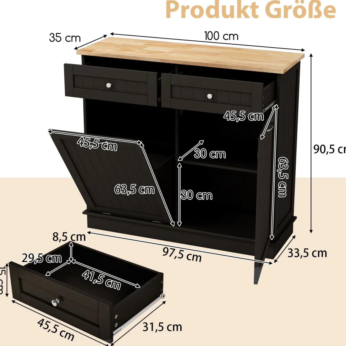 Kommode für 42L Mülleimer mit Arbeitplatte & 2 Schubladen & Verstellbarem Regal Küchenschrank