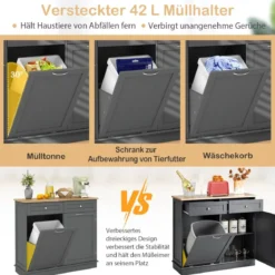 Kommode für 42L Mülleimer mit Arbeitplatte & 2 Schubladen & Verstellbarem Regal Küchenschrank