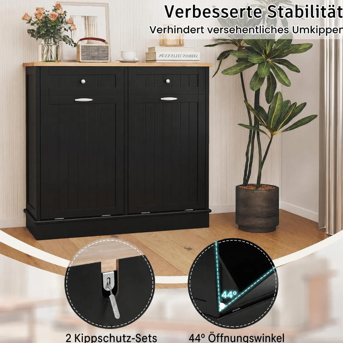 Kommode für Mülleimer mit 2 Türen & Schneidebrett & Holz-Arbeitplatte & 2 Schubladen Schwarz