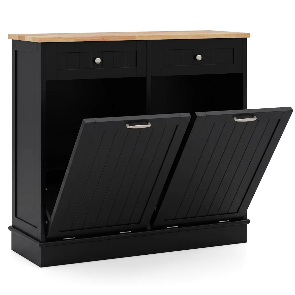 Kommode für Mülleimer mit 2 Türen & Schneidebrett & Holz-Arbeitplatte & 2 Schubladen Schwarz