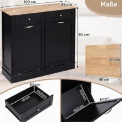 Kommode für Mülleimer mit 2 Türen & Schneidebrett & Holz-Arbeitplatte & 2 Schubladen Schwarz