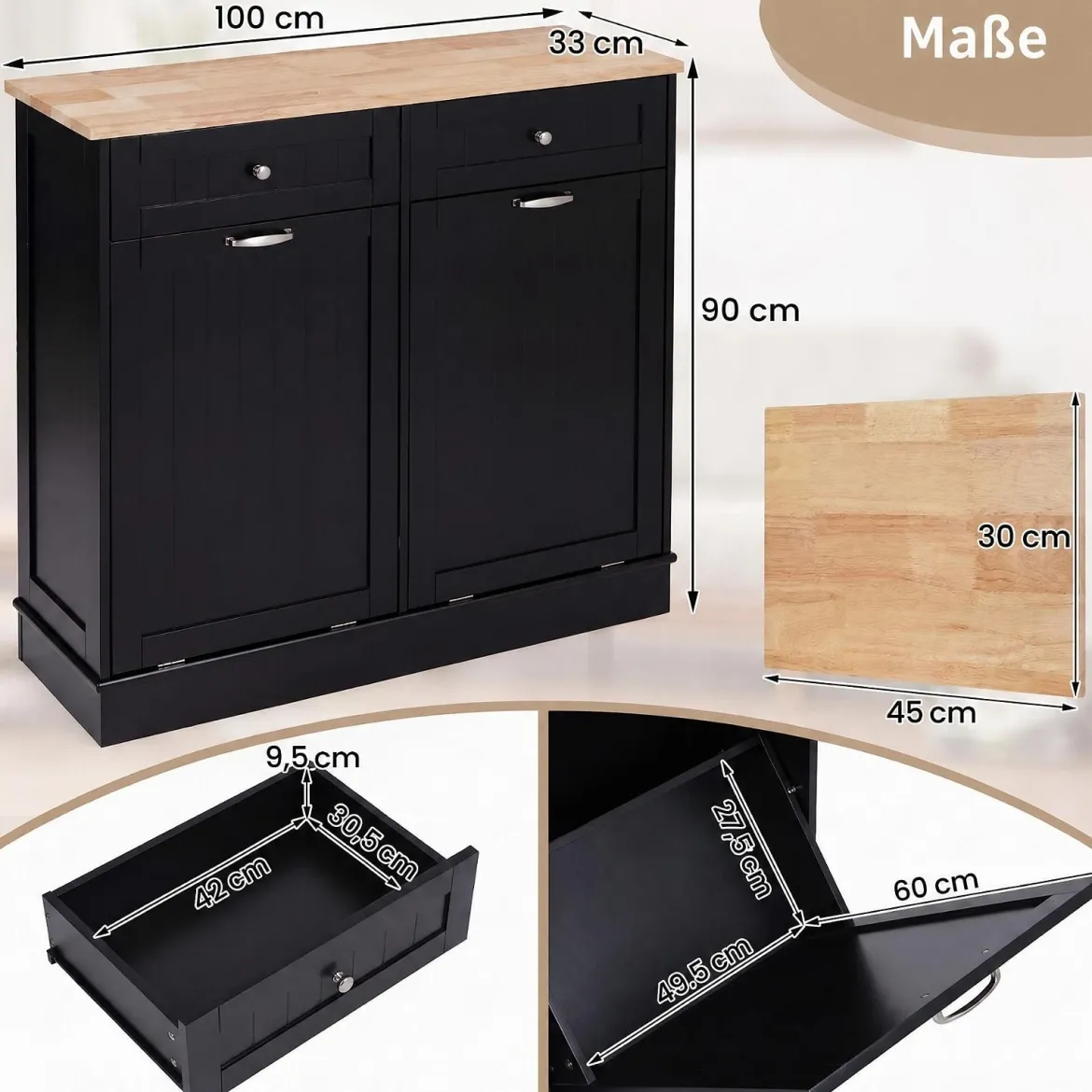 Kommode für Mülleimer mit 2 Türen & Schneidebrett & Holz-Arbeitplatte & 2 Schubladen Schwarz