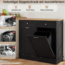Kommode für Mülleimer mit 2 Türen & Schneidebrett & Holz-Arbeitplatte & 2 Schubladen Schwarz