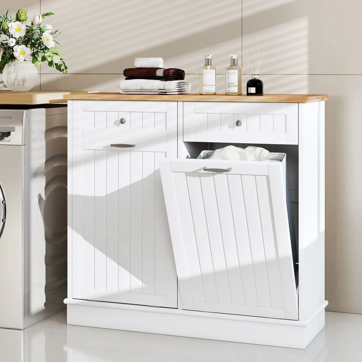 Kommode für Mülleimer mit 2 Türen & Schneidebrett & Holz-Arbeitplatte & 2 Schubladen Weiß