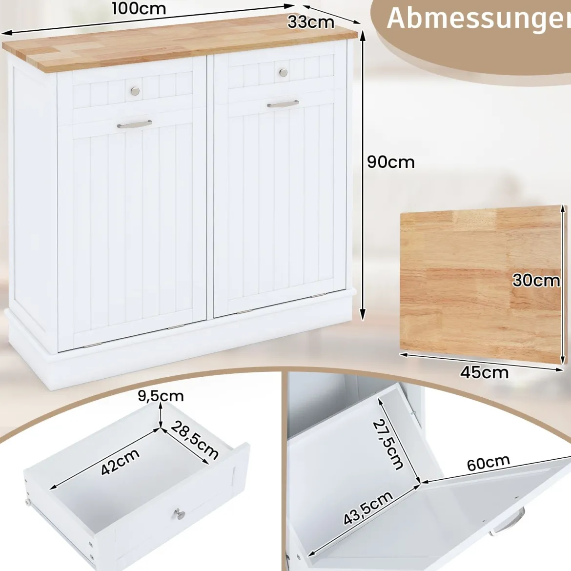 Kommode für Mülleimer mit 2 Türen & Schneidebrett & Holz-Arbeitplatte & 2 Schubladen Weiß