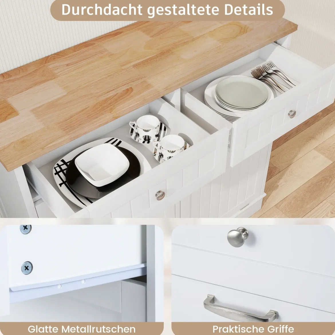 Kommode für Mülleimer mit 2 Türen & Schneidebrett & Holz-Arbeitplatte & 2 Schubladen Weiß