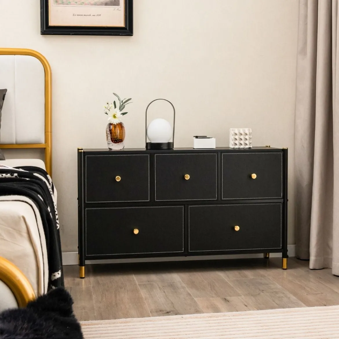 Kommode für Schlafzimmer mit 5 Schubladen breite Stoffkommode mit Metallrahmen 100 x 30 x 58,5 cm Schwarz